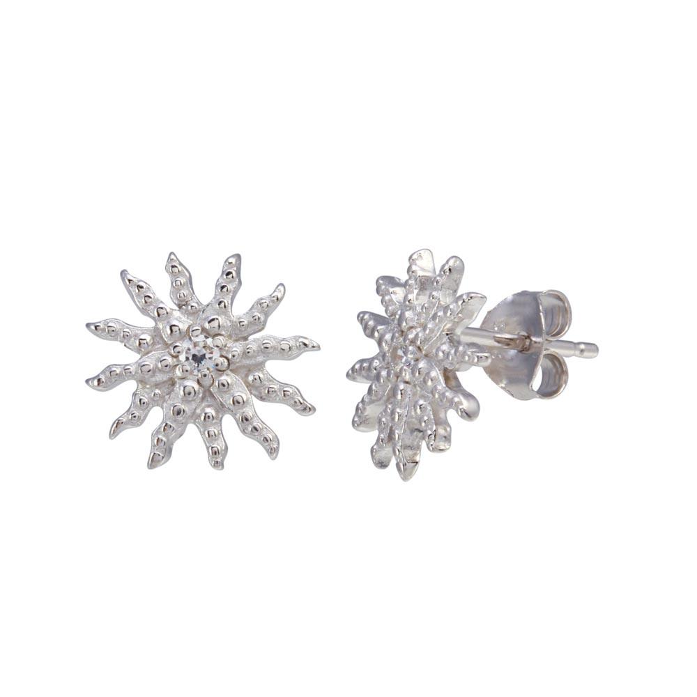 Rhodium Plated 925 Sterling Silver CZ Sun Stud Earring - BGE00646