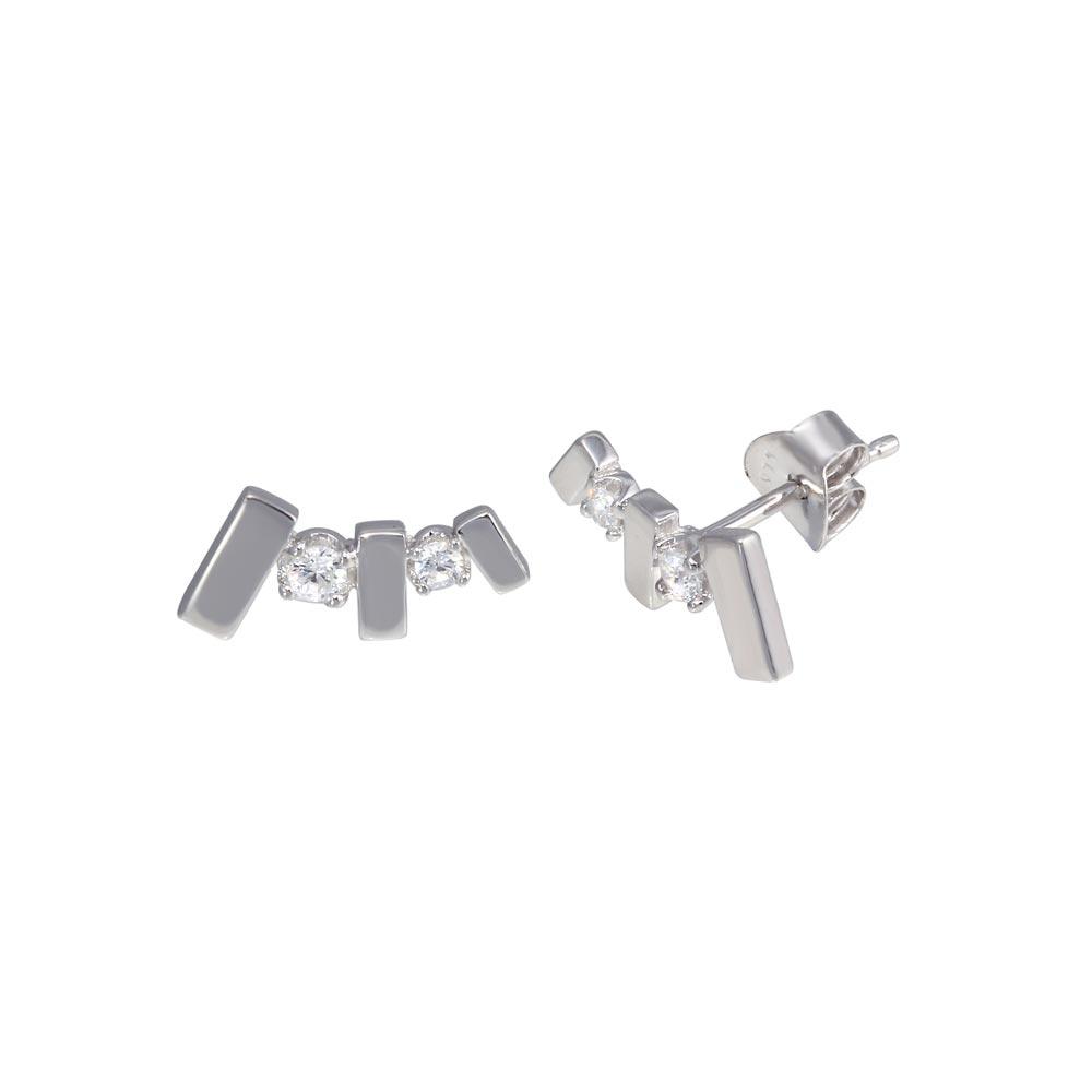 Rhodium Plated 925 Sterling Silver Bar CZ Stud Earring - BGE00647