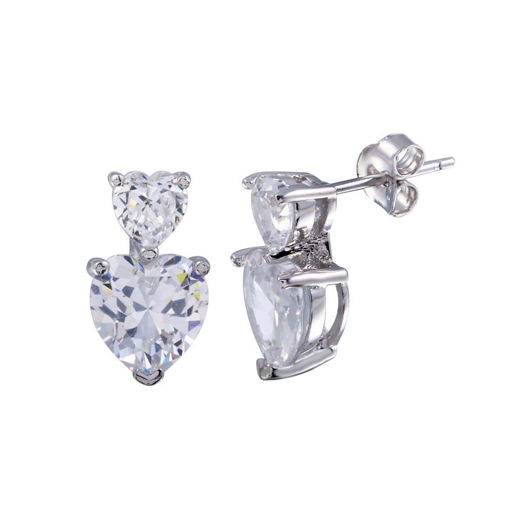 Rhodium Plated 925 Sterling Silver Double Heart CZ Dangling Earring - BGE00648
