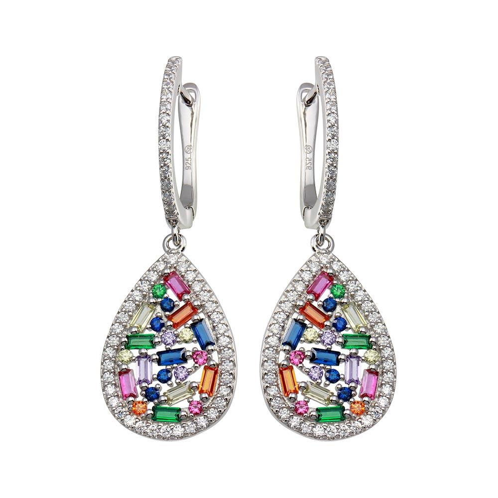 Rhodium Plated 925 Sterling Silver Multi Color Teardrop CZ Dangling Earring - BGE00651