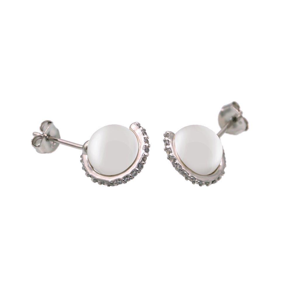 Rhodium Plated 925 Sterling Silver CZ Wrapped Synthetic Mother of Pearl Stud Earring- BGE00653