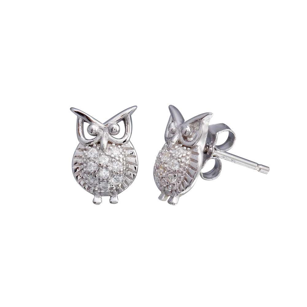 Rhodium Plated 925 Sterling Silver Owl CZ Stud Earring - BGE00658