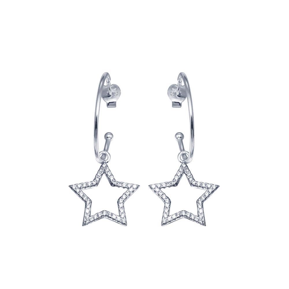 925 Sterling Silver CZ Semi Hoop Dangling Star - BGE00665