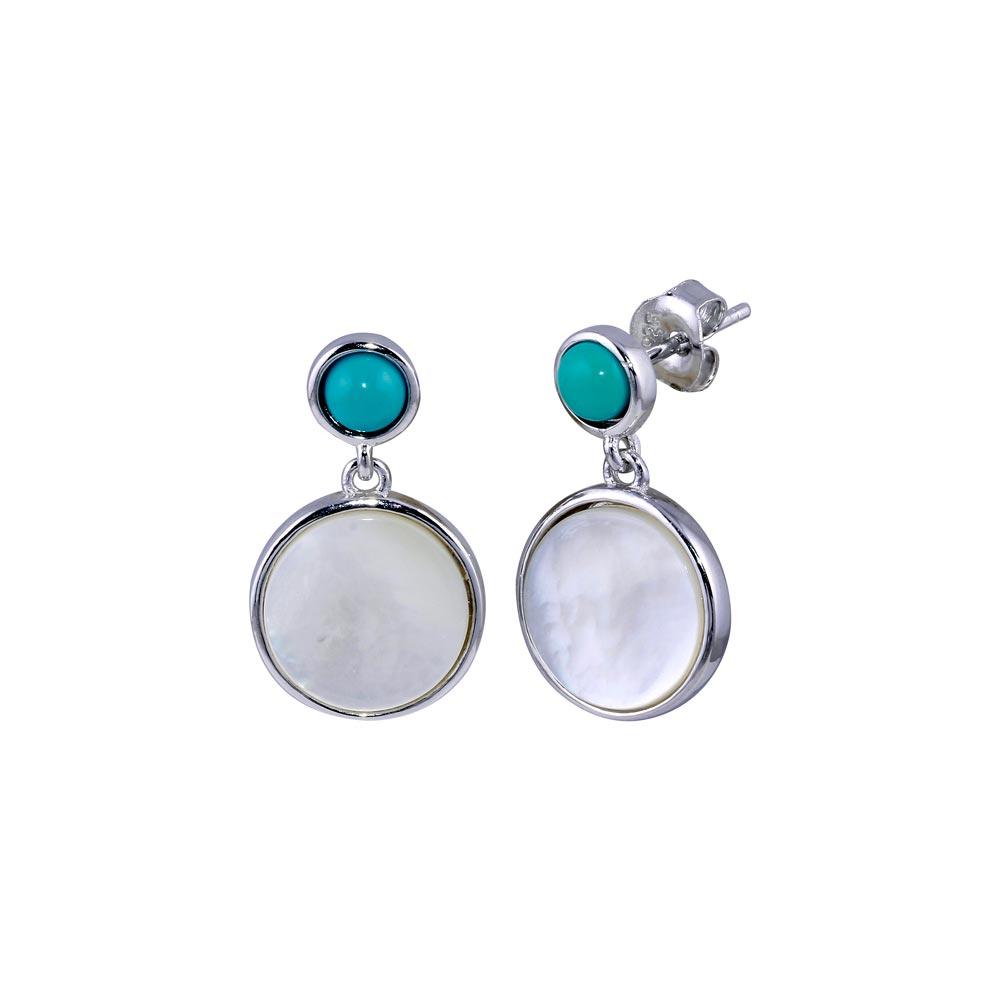Rhodium Plated 925 Sterling Silver Turquoise Stud Dangling MOP Earring - BGE00678