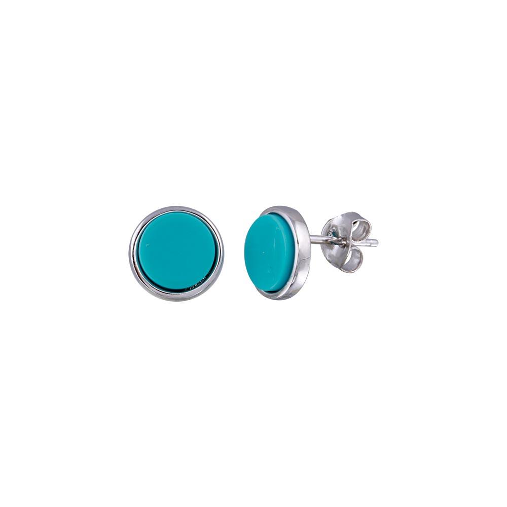 Rhodium Plated 925 Sterling Silver Disc Turquoise Stud Earring - BGE00679