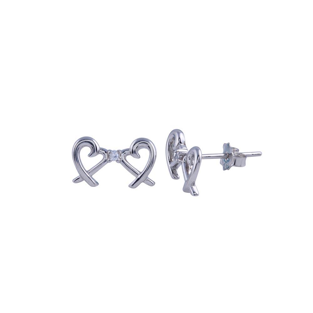 Rhodium Plated 925 Sterling Silver Double Heart CZ Stud Earring - BGE00686