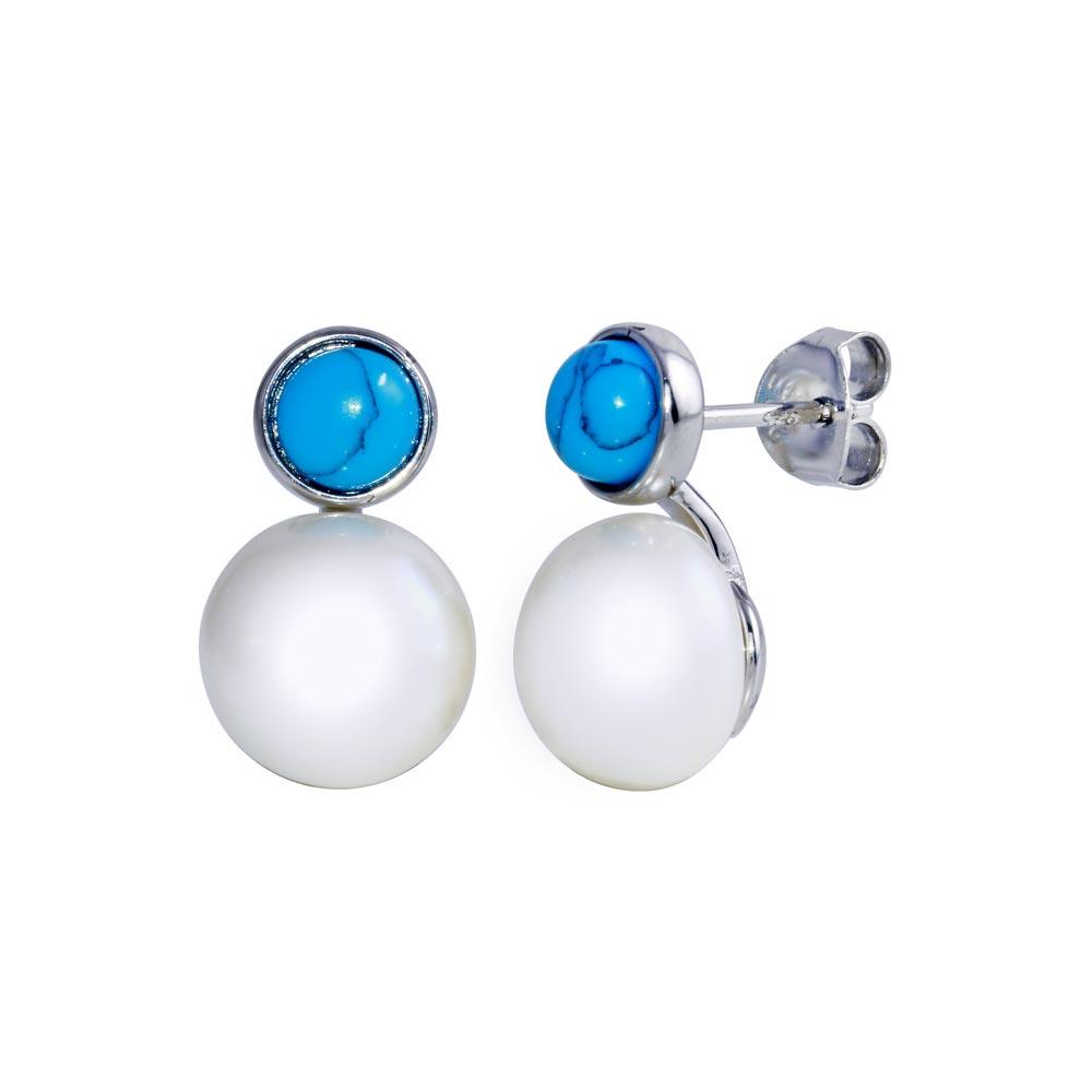 Rhodium Plated 925 Sterling Silver Pearl and Turquoise CZ Earring - BGE00689