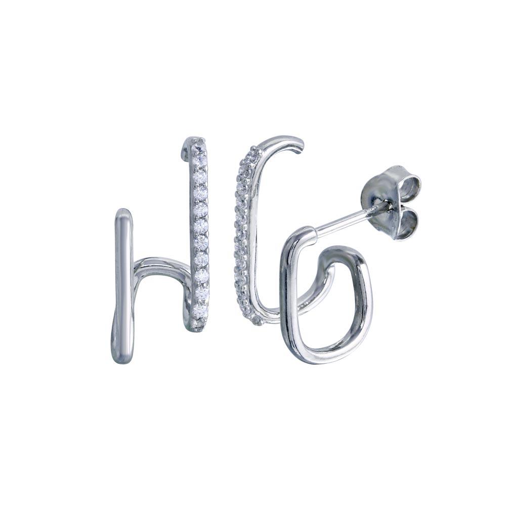 Platinum Plated 925 Sterling Silver Vertical Lobe Hugging CZ Earring - BGE00694
