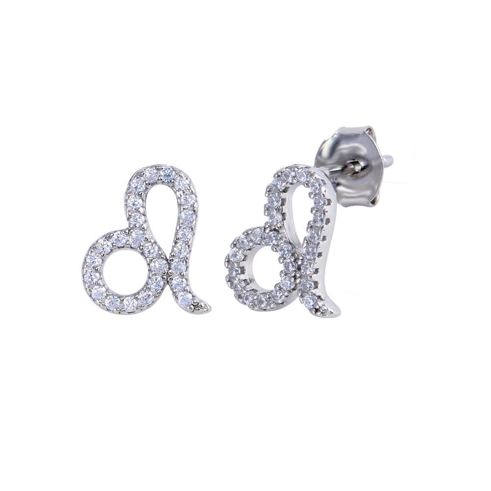 Rhodium Plated 925 Sterling Silver Leo CZ Zodiac Sign Earring - BGE00703