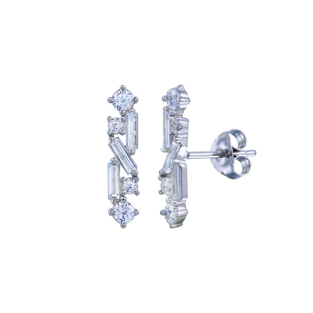 Rhodium Plated 925 Sterling Silver Linear Baguette CZ Earring - BGE00710