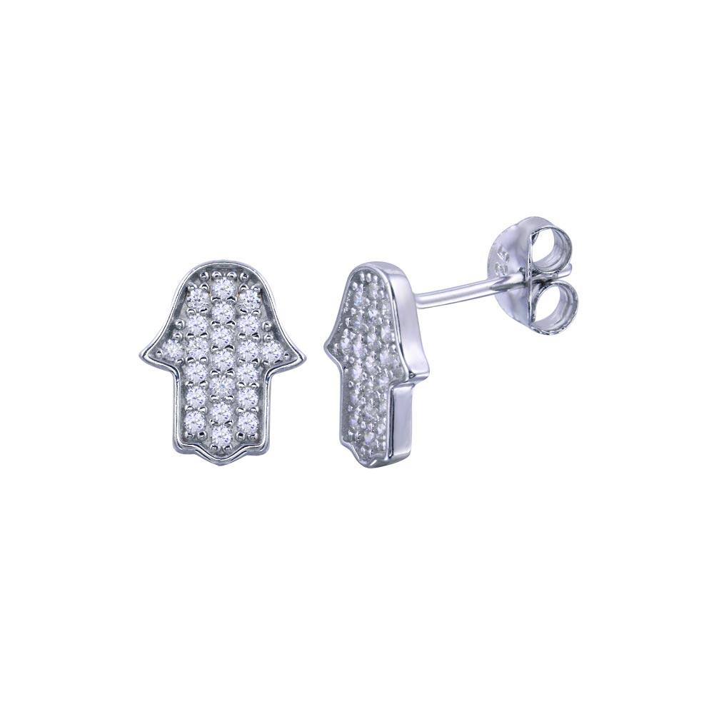 Rhodium Plated 925 Sterling Silver Hamsa Hand CZ Earring - BGE00714