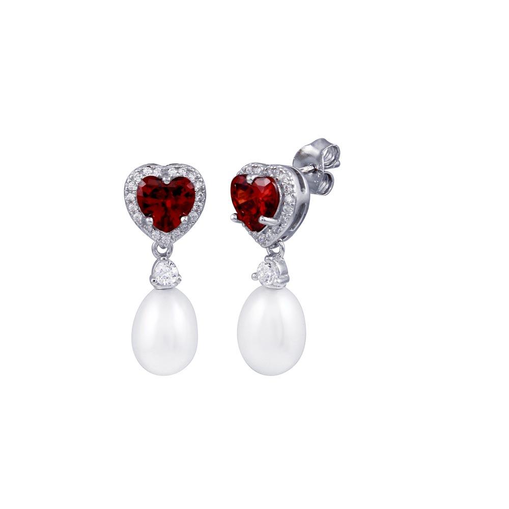 Rhodium Plated 925 Sterling Silver Heart Garnet, Clear CZ and Pearl Dangling Stud Earring - BGE00718