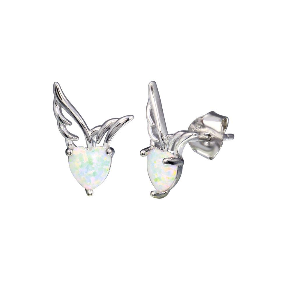 Rhodium Plated 925 Sterling Silver CZ Heart Wings Opal Earring - BGE00721