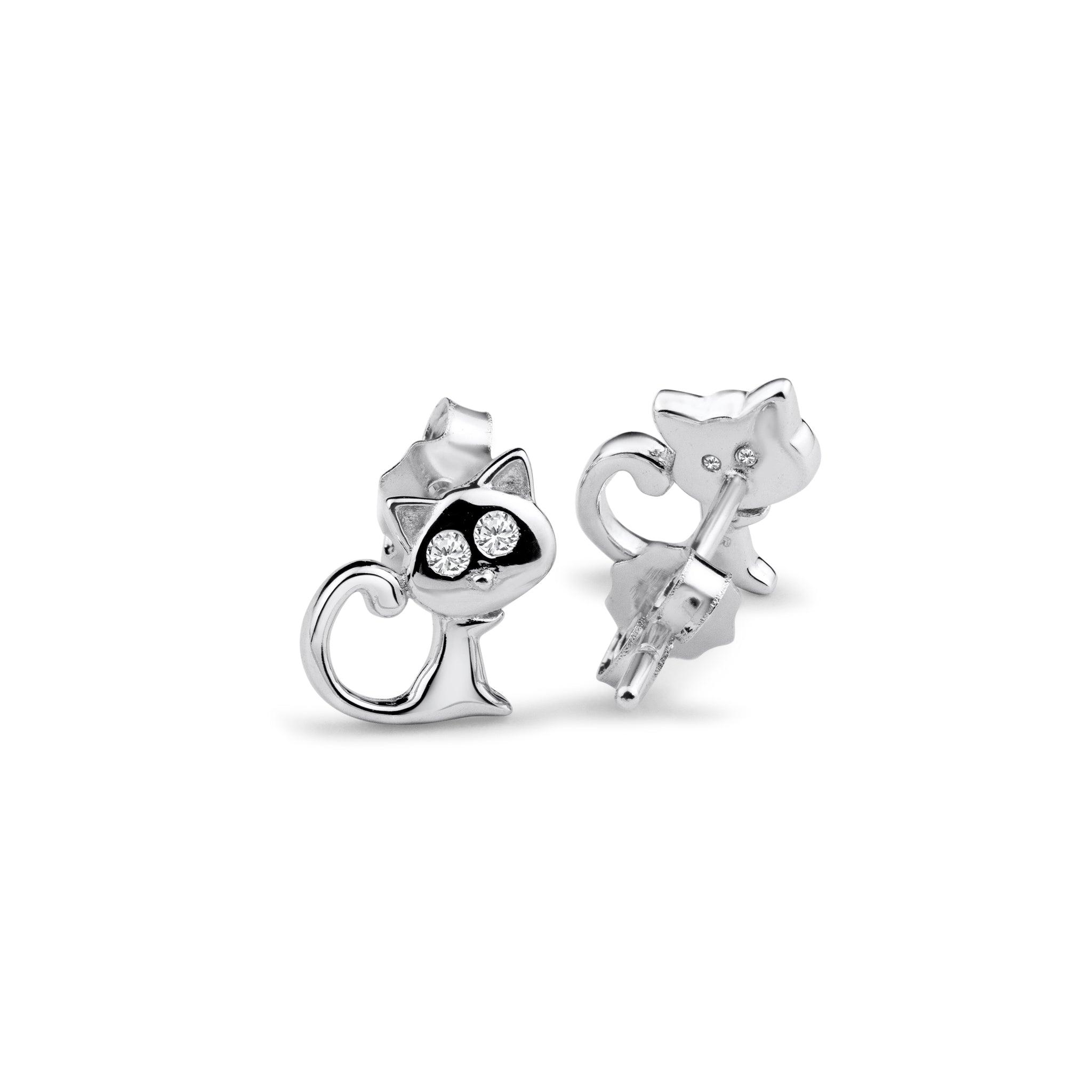 Rhodium Plated 925 Sterling Silver Cat Clear CZ Earring - BGE00728