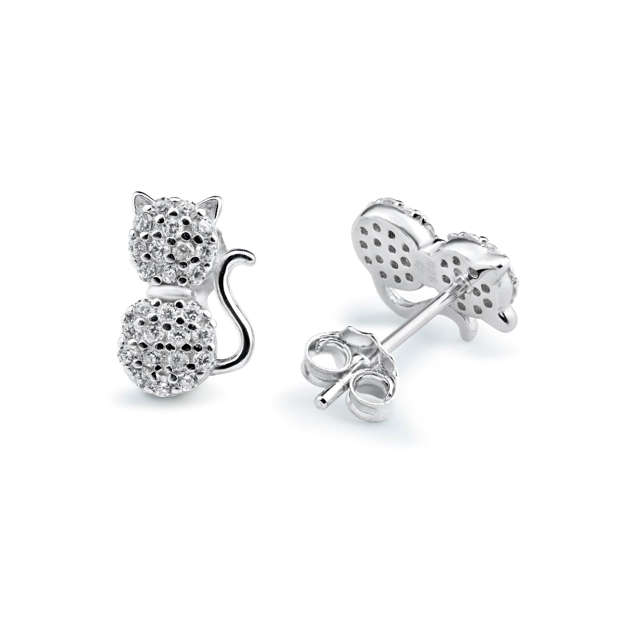 Rhodium Plated 925 Sterling Silver Cat Clear CZ Stud Earring - BGE00729