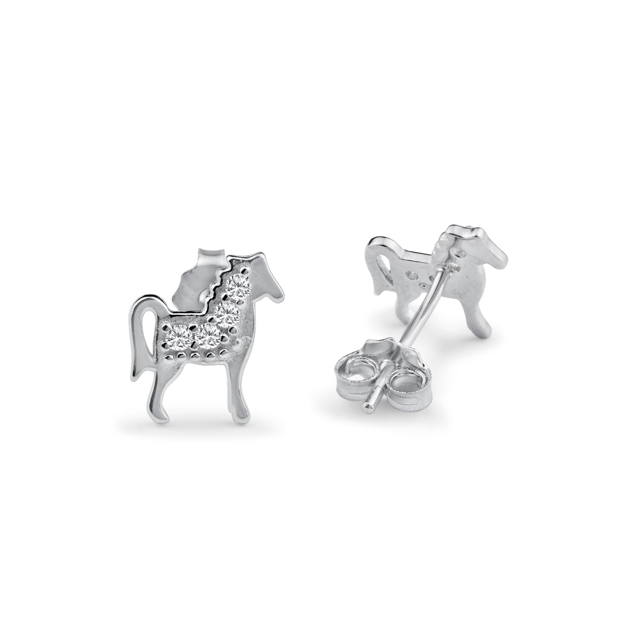 Rhodium Plated 925 Sterling Silver Horse Clear CZ Stud Earring - BGE00730
