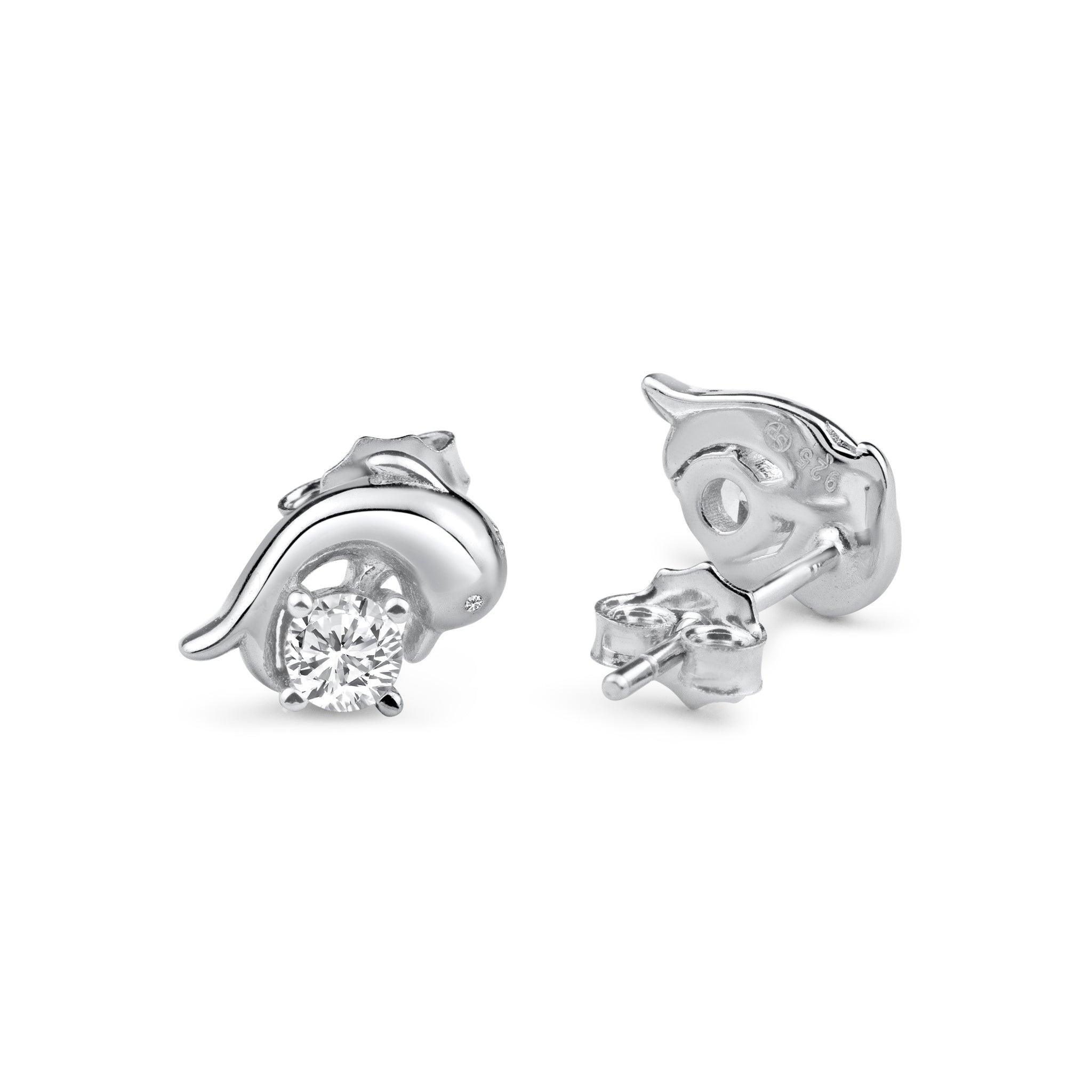 Rhodium Plated 925 Sterling Silver Dangling CZ Dolphin Clear CZ Earring - BGE00731