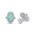 Rhodium Plated 925 Sterling Silver Hamsa Opal and Clear CZ Stud Earring - BGE00733