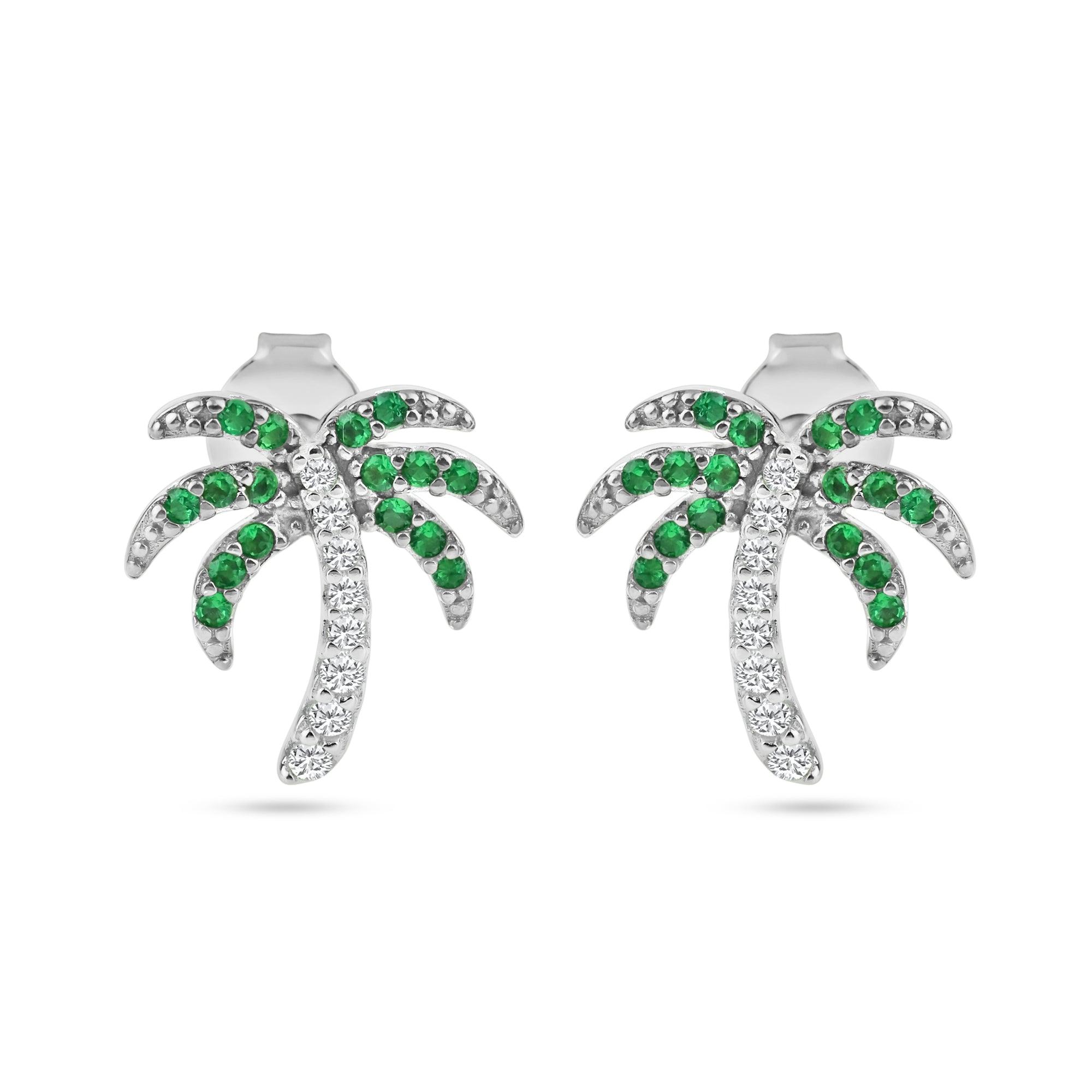 Rhodium Plated 925 Sterling Silver PalmTree Clear, Green and Black CZ Stud Earring - BGE00737