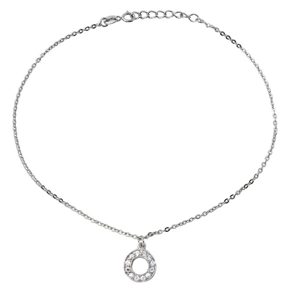 Rhodium Plated 925 Sterling Silver Dangling Open Circle with CZ Anklet - BGF00010