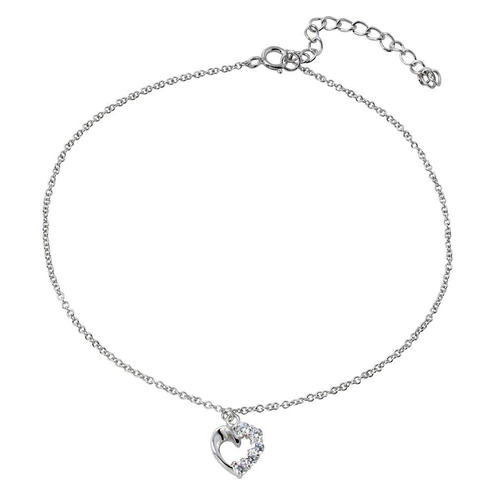 Rhodium Plated 925 Sterling Silver Dangling Curved Open Heart with CZ Anklet - BGF00015