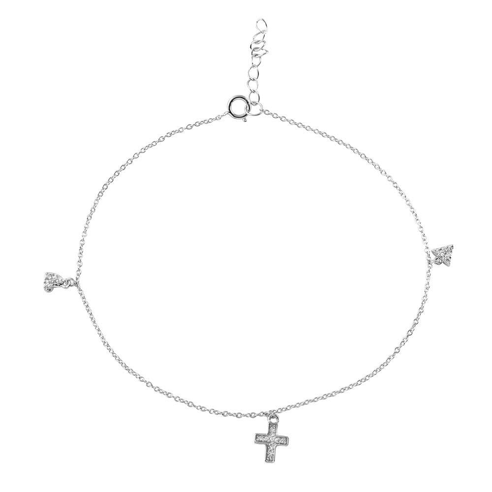 Rhodium Plated 925 Sterling Silver Heart Cross and Triangle Drop Anklet - BGF00016