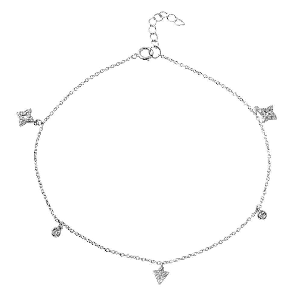 Rhodium Plated 925 Sterling Silver Triangle and Rhombus Drop Anklet with CZ - BGF00017