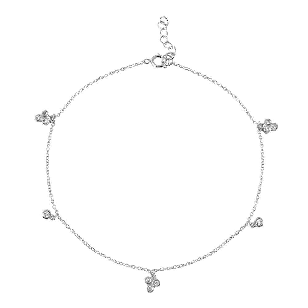 Rhodium Plated 925 Sterling Silver Three Leaf Clover Drop Anklet - BGF00018