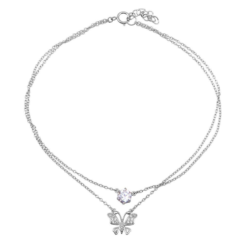 Rhodium Plated 925 Sterling Silver Anklet with Butterfly and CZ - BGF00020