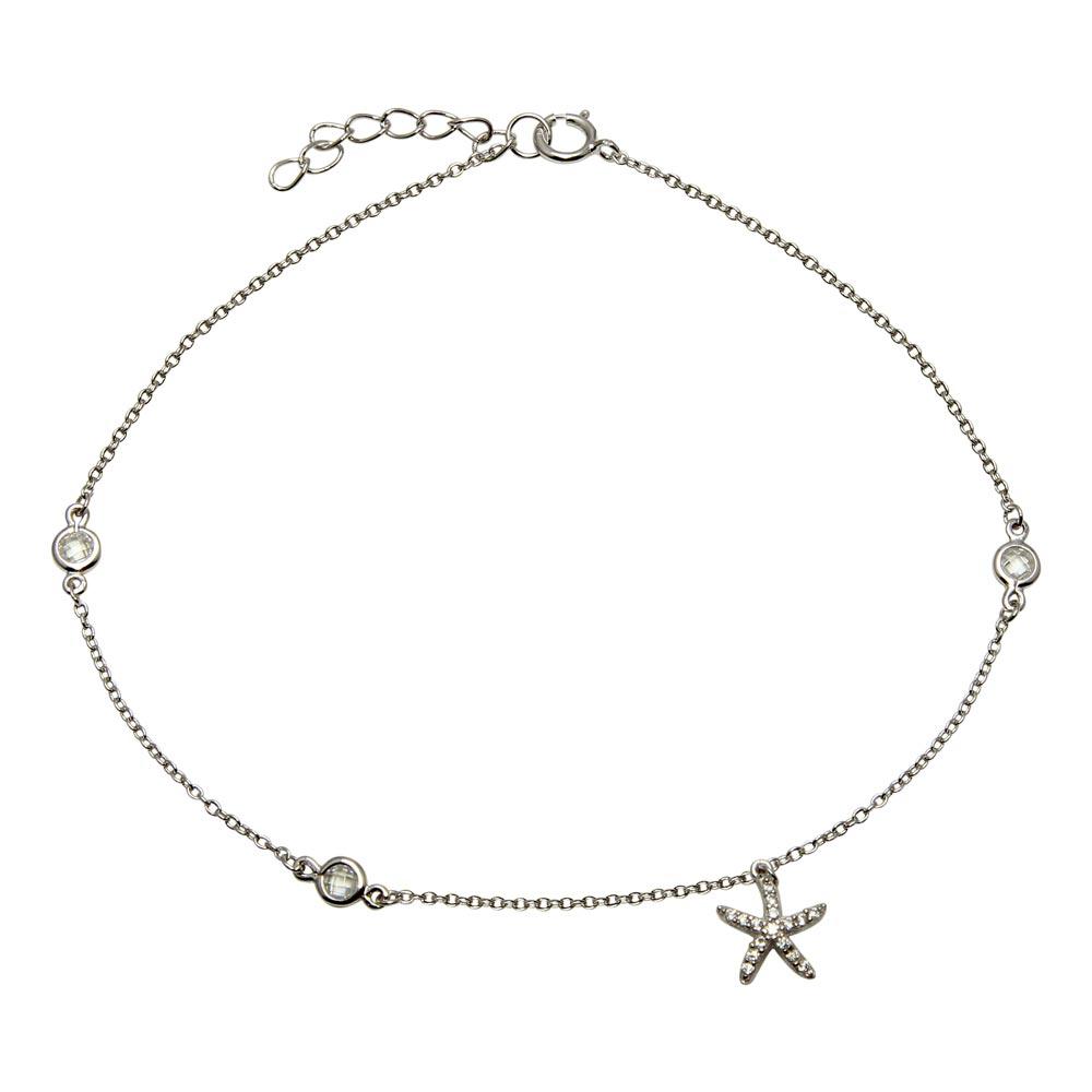 Rhodium Plated 925 Sterling Silver Starfish Anklet with CZ - BGF00021