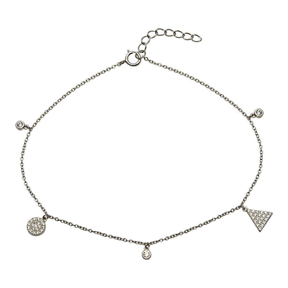 Rhodium Plated 925 Sterling Silver Circle and Triangle Charm Anklet with CZ - BGF00022