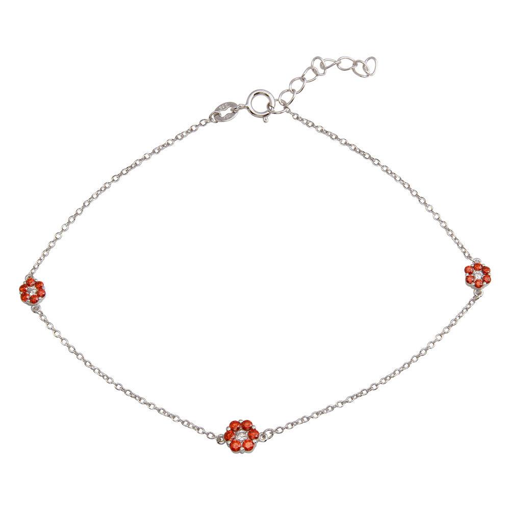 Rhodium Plated 925 Sterling Silver Red CZ Flower Anklet - BGF00023