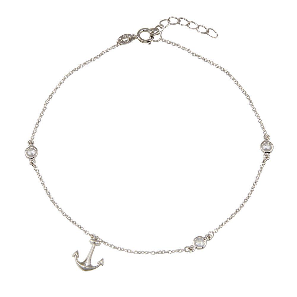 Rhodium Plated 925 Sterling Silver Anchor Anklet with CZ - BGF00025