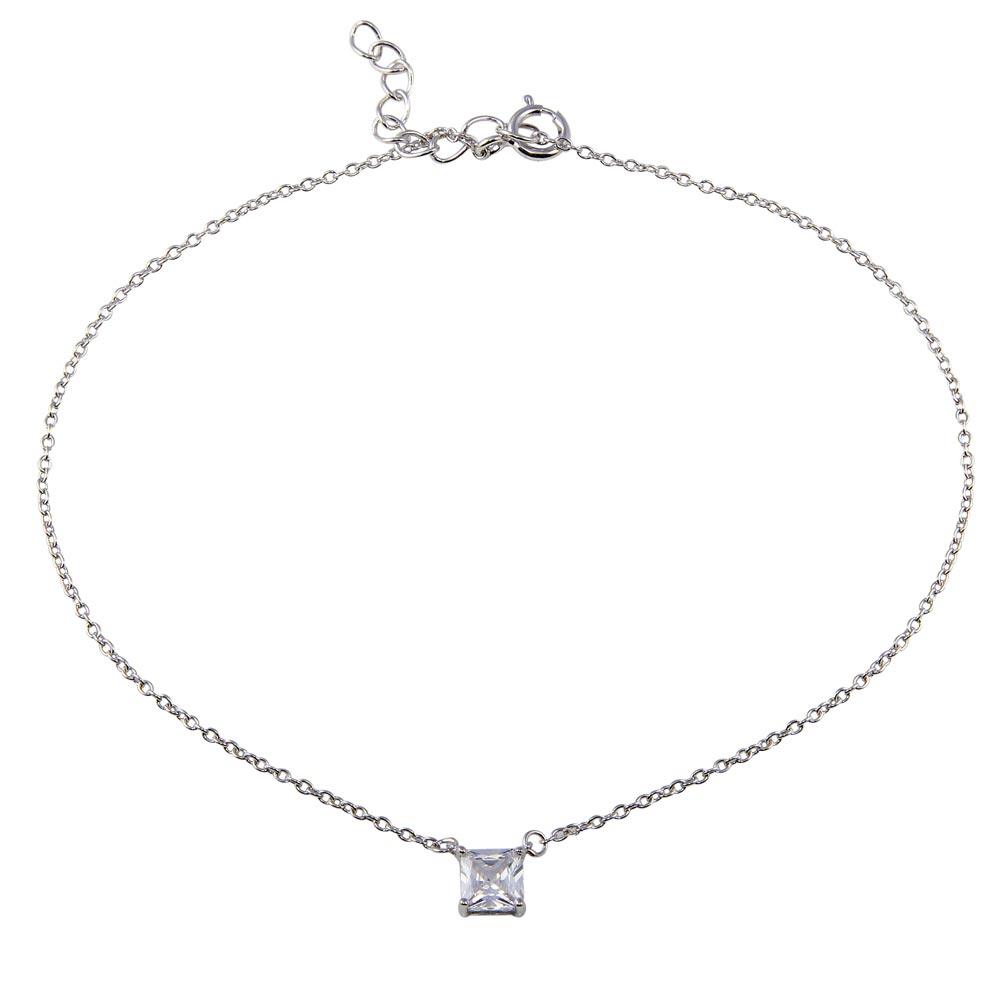 Rhodium Plated 925 Sterling Silver Square CZ Anklet - BGF00028