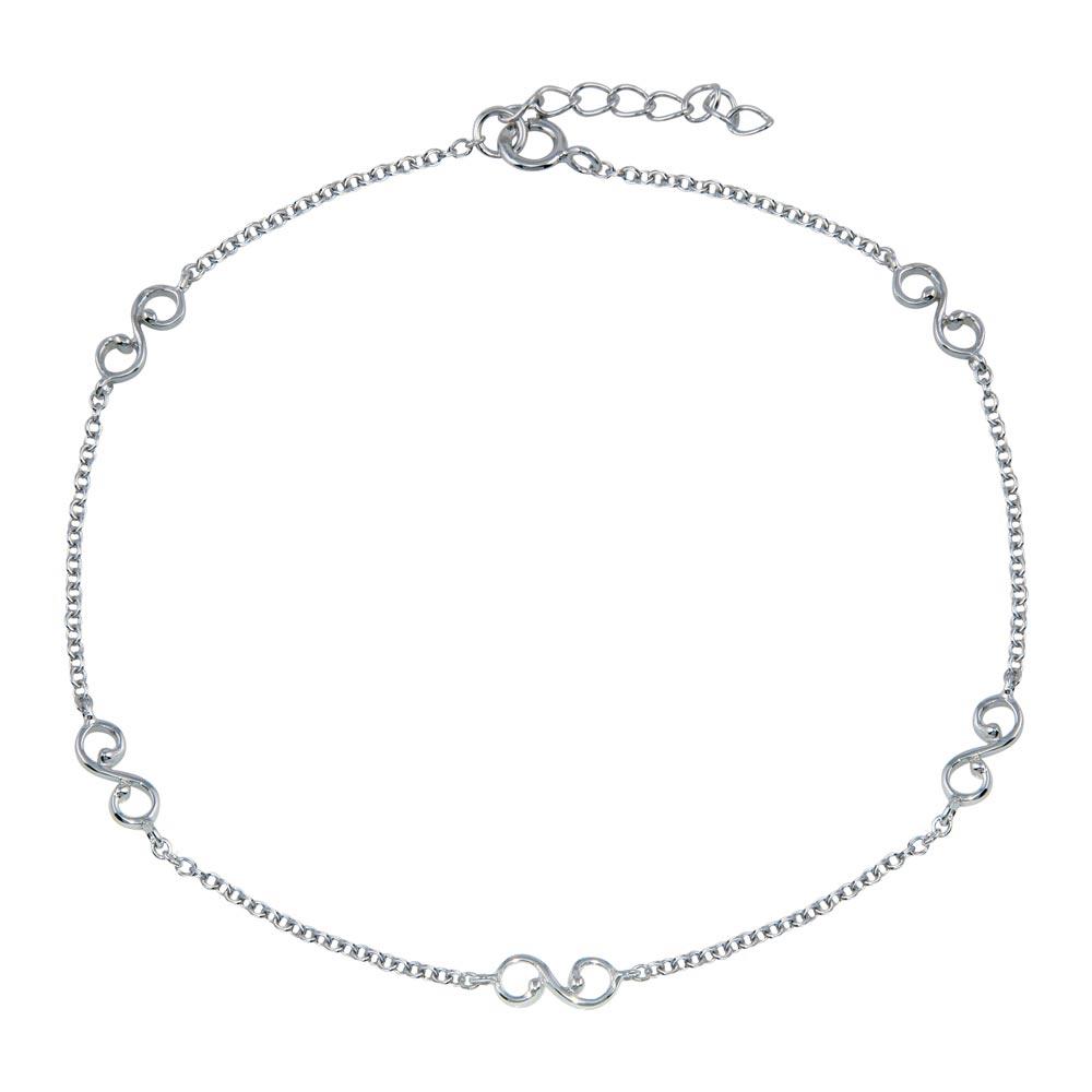 Rhodium Plated 925 Sterling Silver Wave Link Anklet - BGF00031