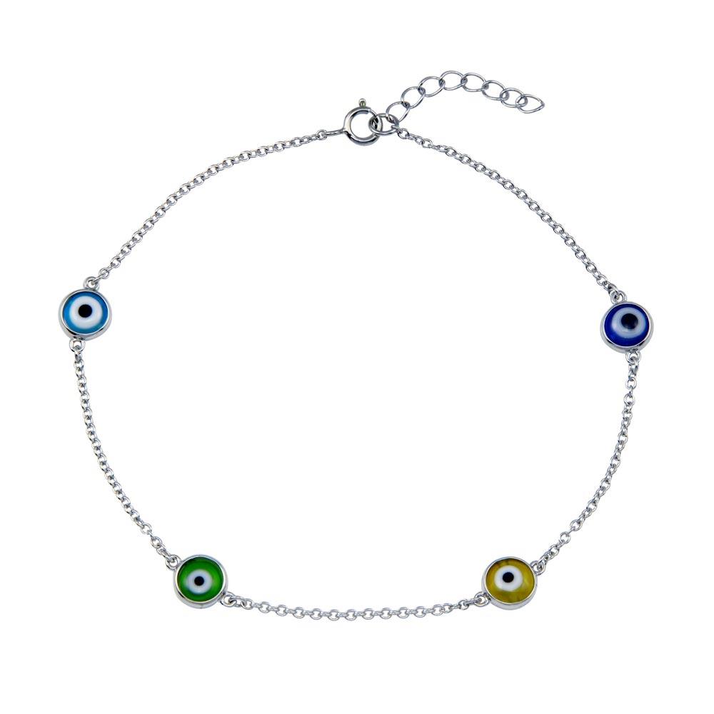 Rhodium Plated 925 Sterling Silver Evil Eye Charm Anklet - BGF00035