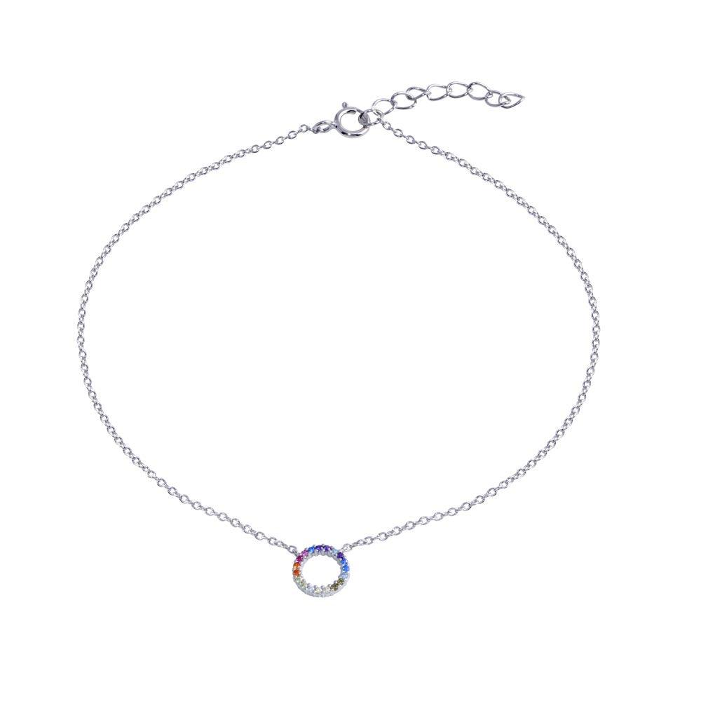 Rhodium Plated 925 Sterling Silver Round Charm Multicolor CZ Anklet - BGF00037