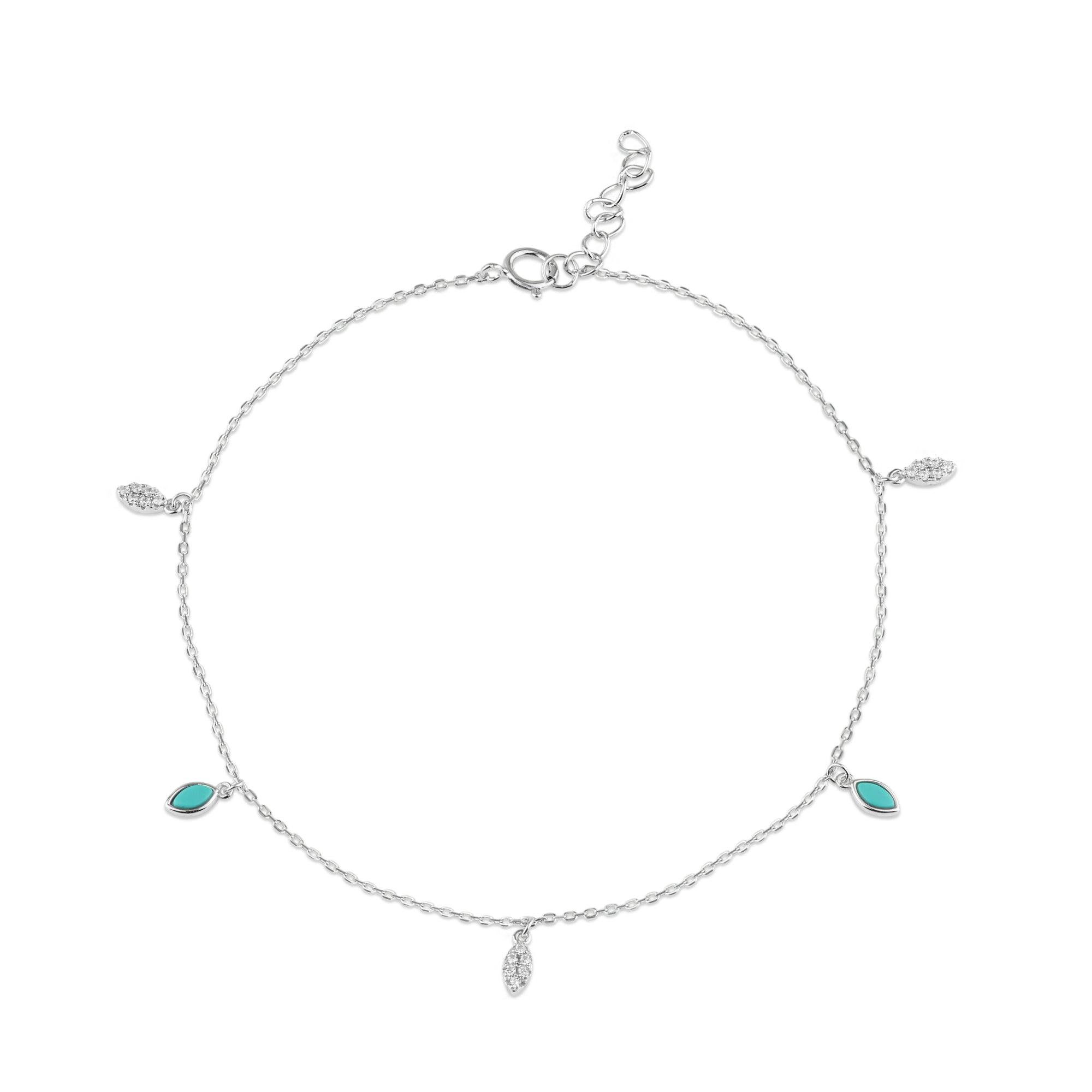 Rhodium Plated 925 Sterling Silver Teardrop Charm Turquioise and Clear CZ Anklet - BGF00042