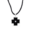 Silver 925 Rhodium Plated Black Enamel Cross Clear CZ Black Cord Pendant Necklace - BGN00003