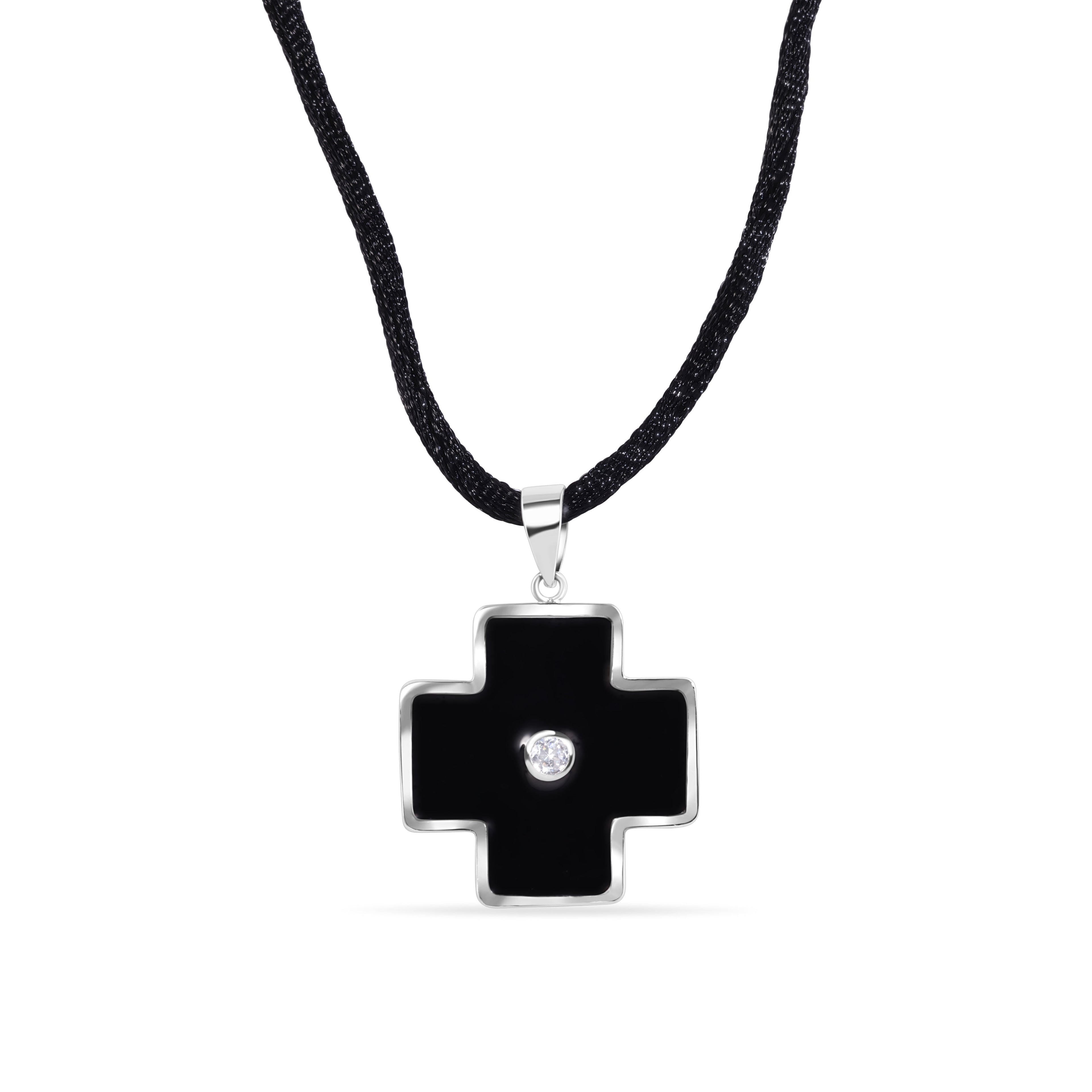 Silver 925 Rhodium Plated Black Enamel Cross Clear CZ Black Cord Pendant Necklace - BGN00003