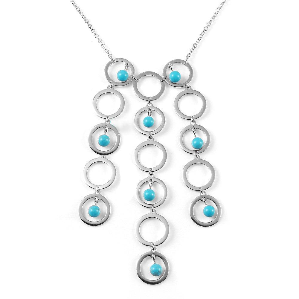 Silver 925 Rhodium Plated Multi Circle Strand Turquoise Bead CZ Pendant Necklace - BGN00008