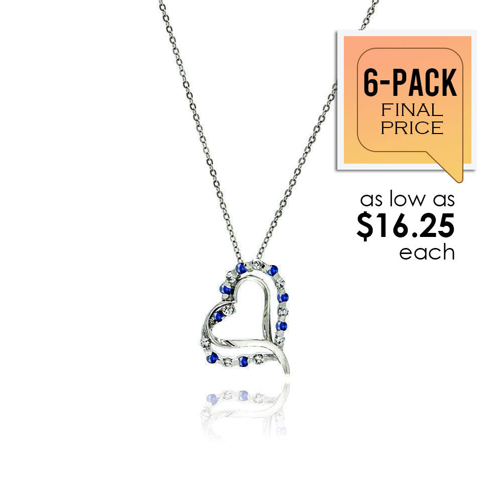 925 Sterling Silver Double Open Heart Pendant with Blue and Clear CZ Accents (6/Pk) - BGP00031BL-PX