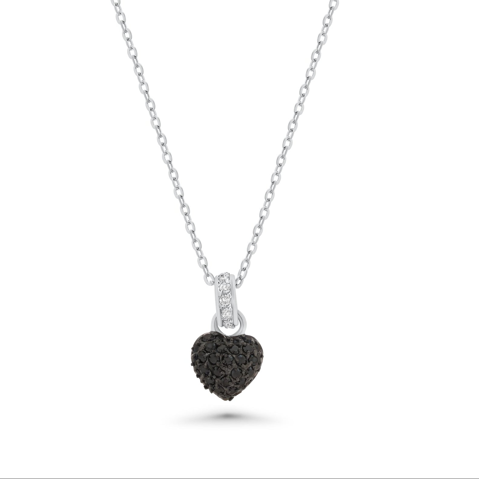Silver 925 Black Clear CZ Black Rhodium and Rhodium Plated Heart Pendant Necklace - BGP00067