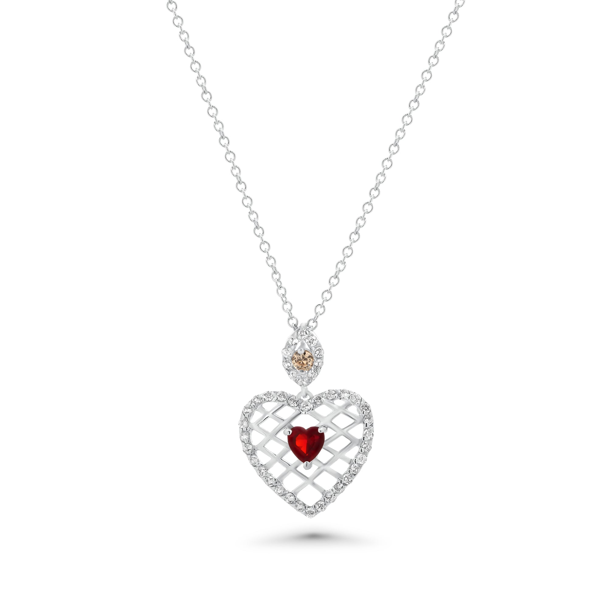 Silver 925 Red CZ Rhodium Plated Filigree Heart Pendant Necklace - BGP00072