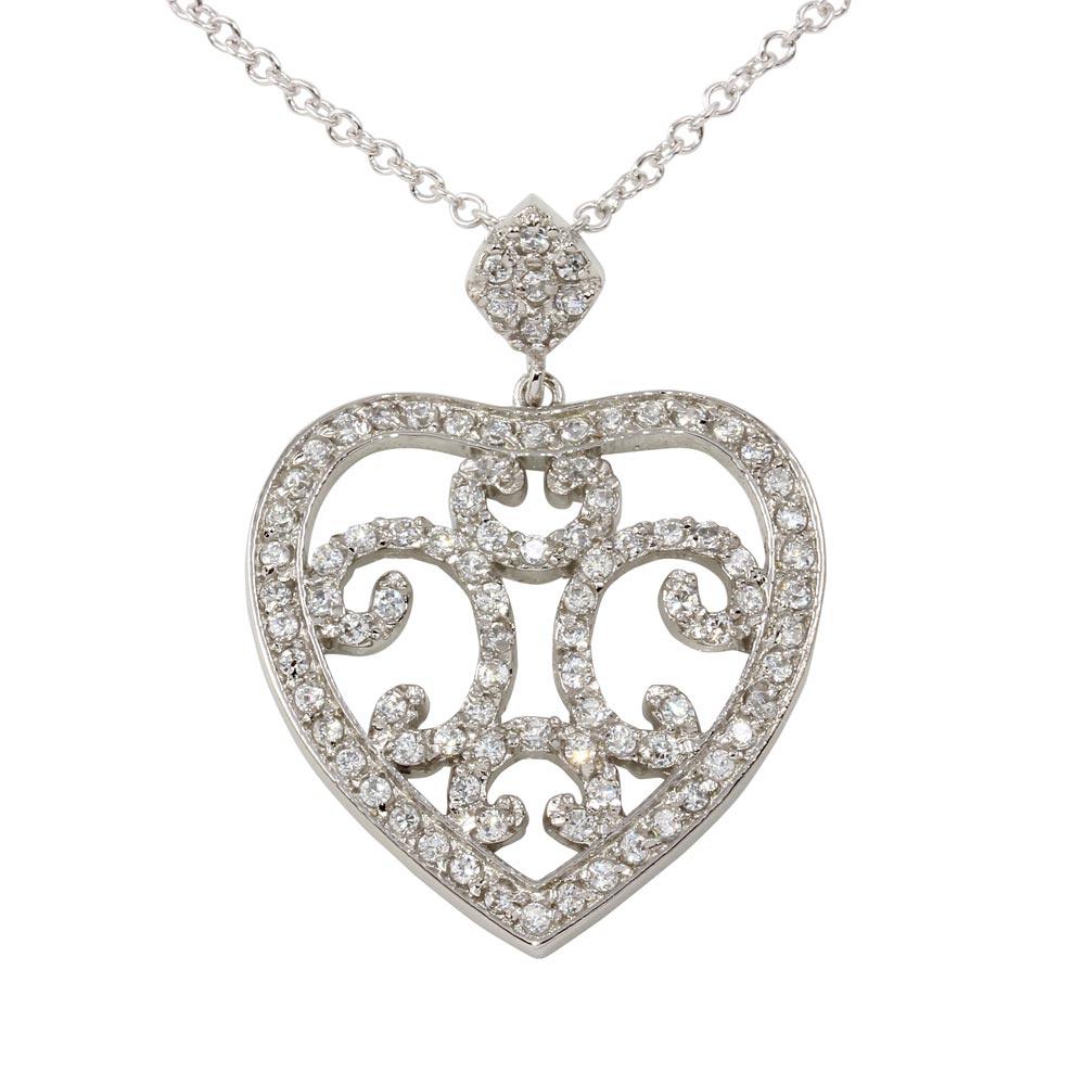 Rhodium Plated 925 Sterling Silver Heart Pendant Necklace with CZ - BGP00080
