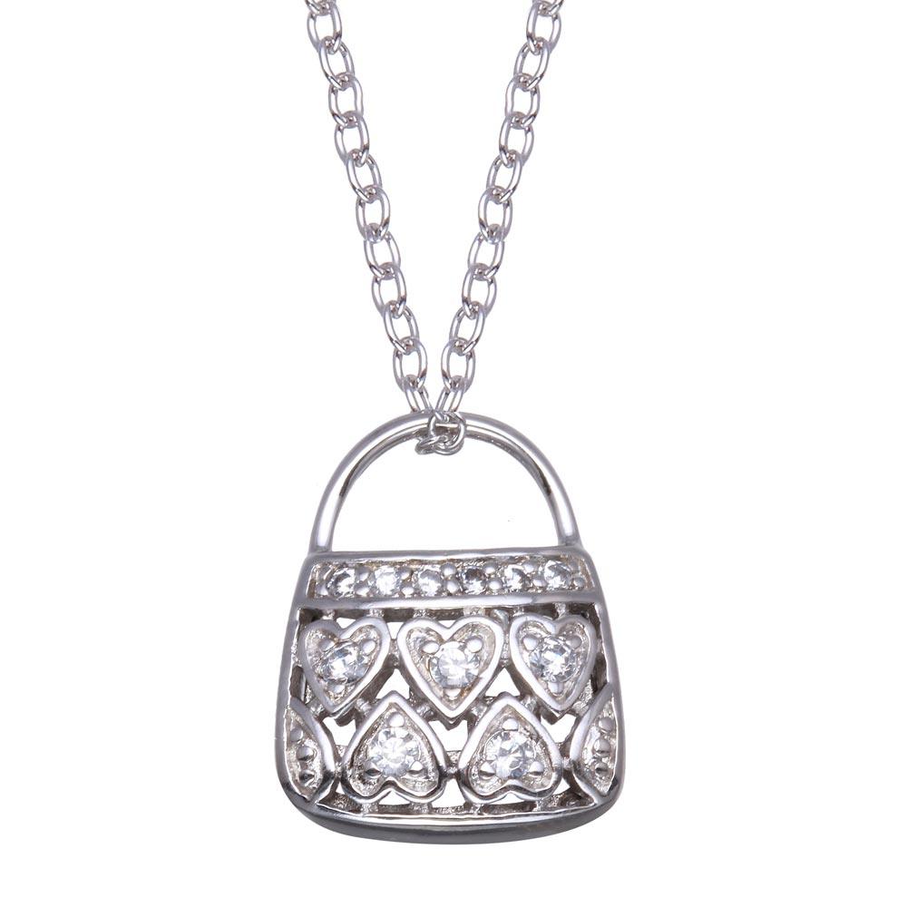 Rhodium Plated 925 Sterling Silver Clear CZ Purse Necklace - BGP00081