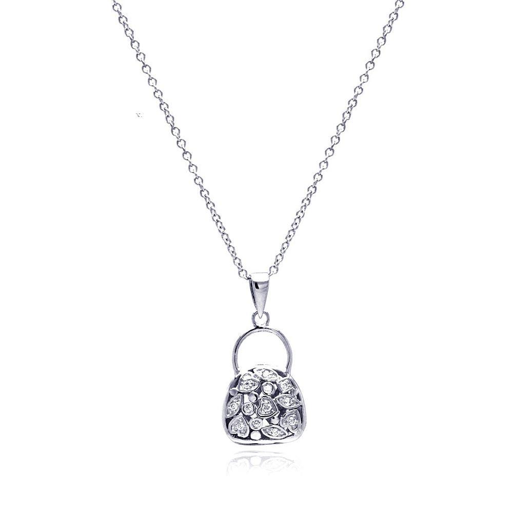 Silver 925 Clear CZ Rhodium Plated Purse Pendant Necklace - BGP00082