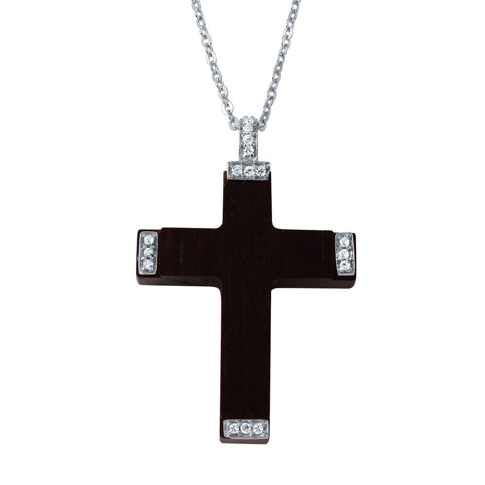 Silver 925 Rhodium Plated CZ Black Wood Pendant Necklace - BGP00102