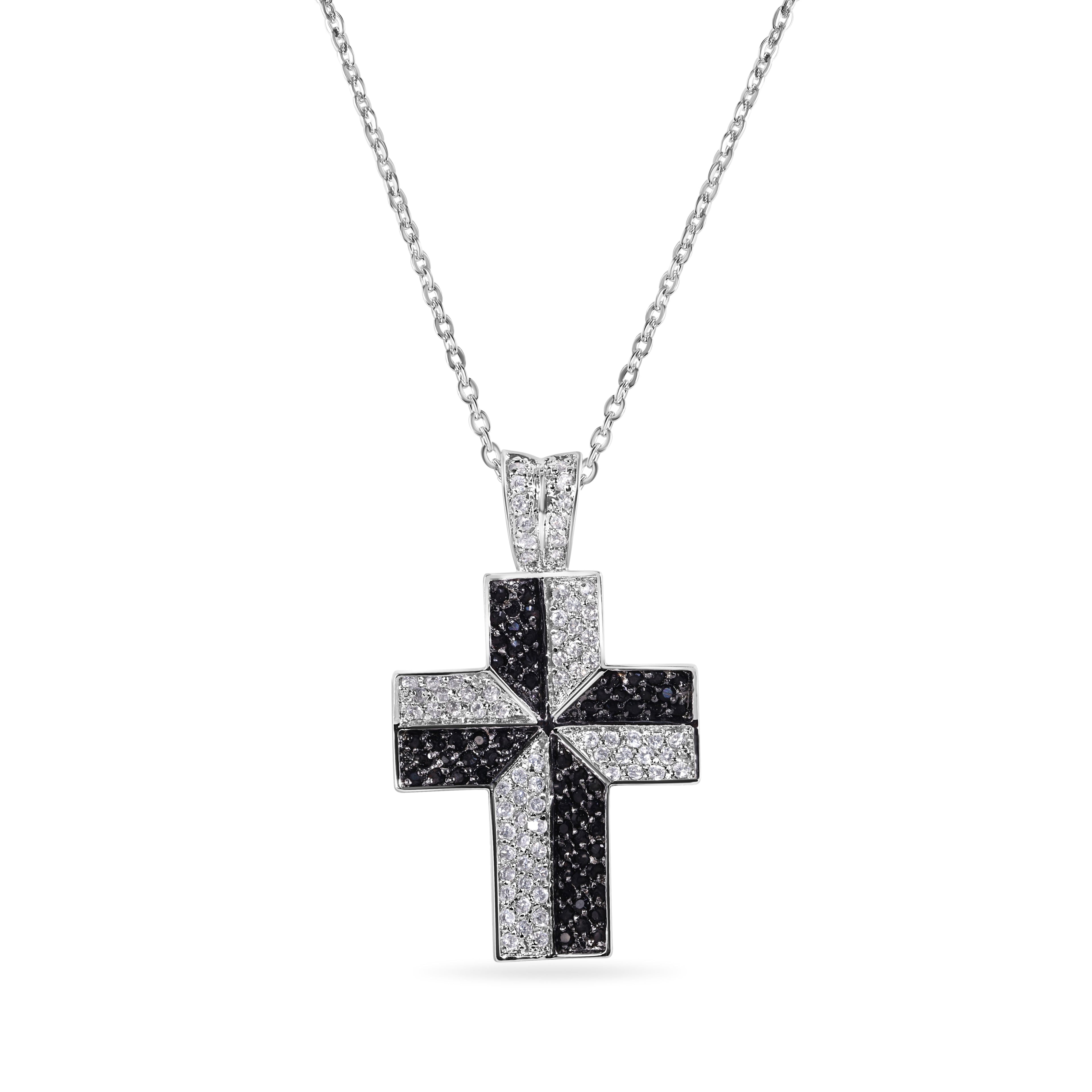 Silver 925 Black and Clear CZ Black Rhodium Plated Cross Pendant Necklace - BGP00140
