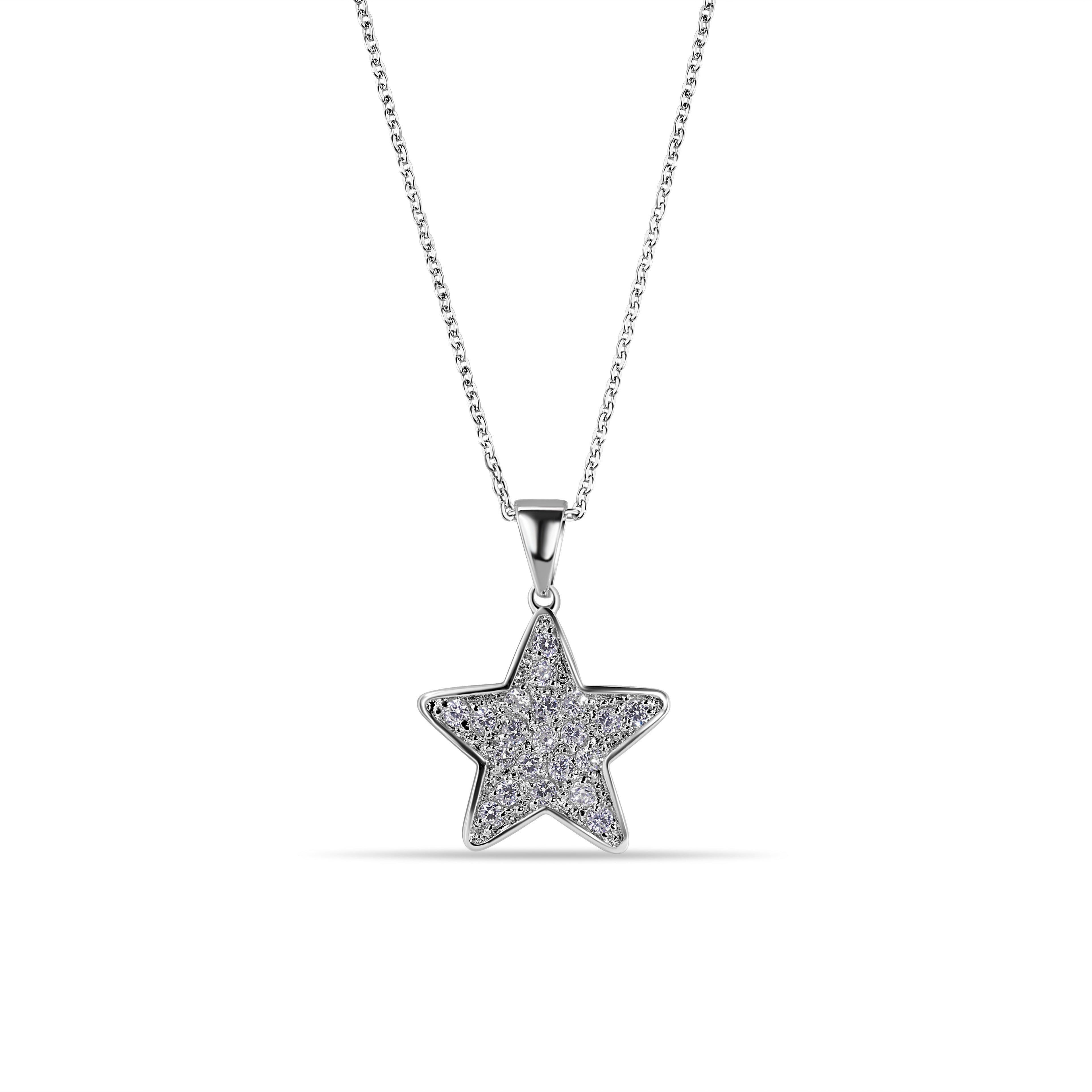 Rhodium Plated 925 Sterling Silver Star Clear CZ Adjustable Necklace - BGP00154